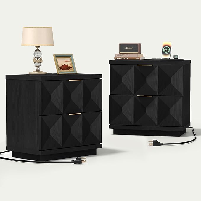 Yechen 23.6" Black Nightstand with 20W Faster Charging Station, Modern Bedside Table with 3D Geometric Drawers Front Panel, Wood 2 Drawer Night Stand with Storage, Accent End Table for Bedroom