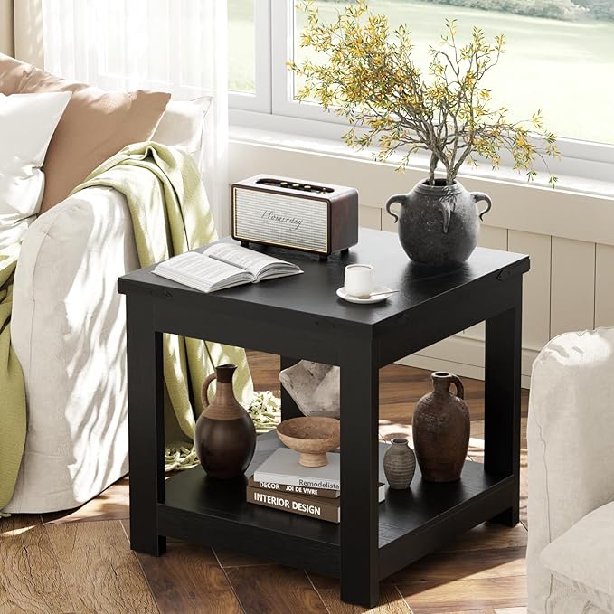 Homieasy End Table, 20 Inch Square End Table, Farmhouse Wood Side Table with Storage Shelf, Industrial Accent Bedside Table for Living Room, Bedroom, Black