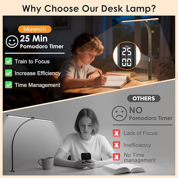LED Desk Lamp for Office Home: Table Light with Base Pomodoro Timer, Clock LCD Display 5 Color Dimming Bright Lighting Desktop, Adjustable Flexible Gooseneck, Task Lamp for Reading Study Work Drafting