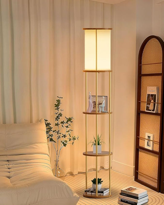 ACOHOOK 61" Floor Lamp with Shelves, Modern Gold Floor Lamp with Fabric Lampshade and 3- Tier Storage Table Attached, 35lb Capacity Solid Wood, Corner Bookshelf Lamps for Living Room, Bedroom, Office