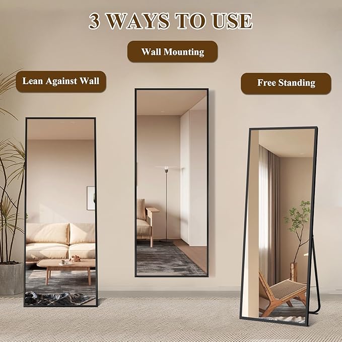 Full Length Mirror with Stand, Shatterproof Full Body Mirror, Aluminum Alloy Thin Frame - Freestanding/Leaning/Wall Mount for Bedroom, Living Room & Entryway (Black)