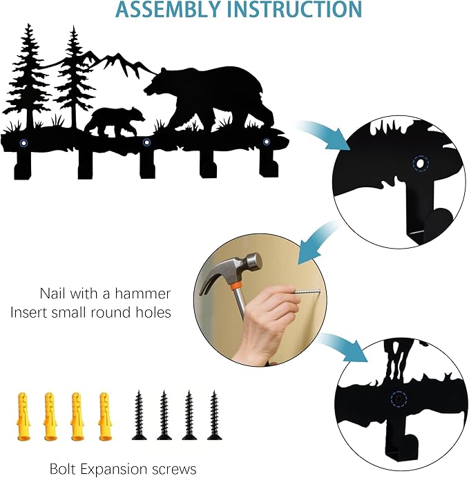 Metal Bear Coat Hooks Wall Art Decoration, Clothes Hangers and Key Holders, Metal Clothes Racks and Backpack Hooks - Animal Themed Hooks Decoration for Storage, Living Room, Office, Hallway