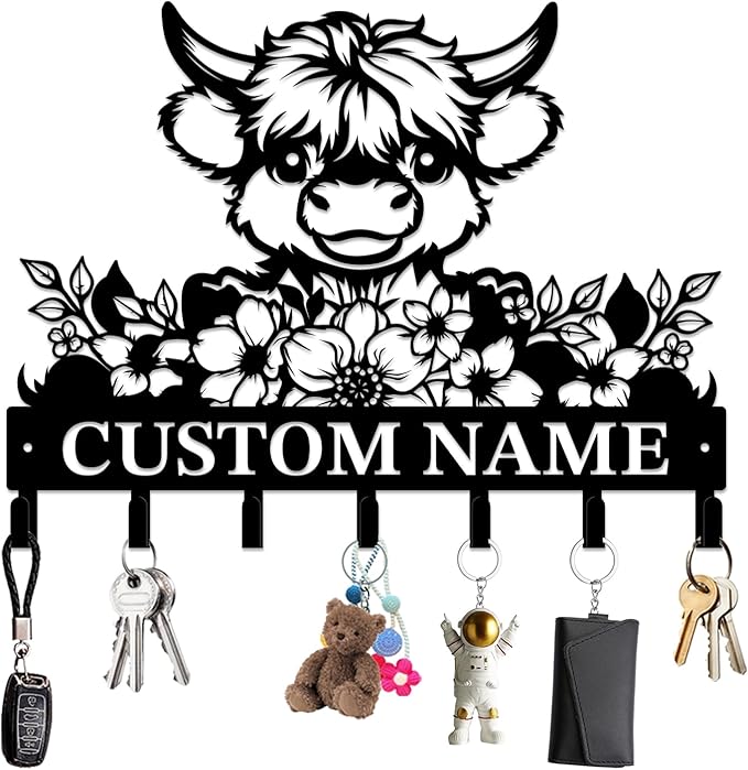 magilab Personalized Custom Highland Cow Wall Hooks,Metal Highland Cow Art Clothes Hooks,Metal Highland Cow Wall Home Storage Decorative,for Front Door, Hallway, Kitchen, Bedroom,Keys,Hats (Style H)