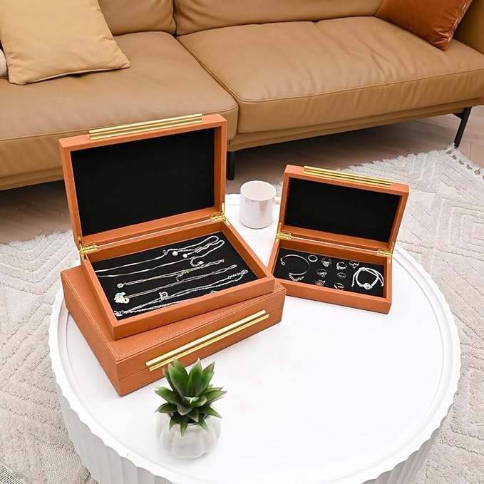 Faux Shagreen Decorative Storage Boxes – Set of 3 Stackable Jewelry Organizers with Gold Metal Handles & Velvet Lining, Modern Burn Orange Box for Vanity, Entryway & Coffee Table Décor