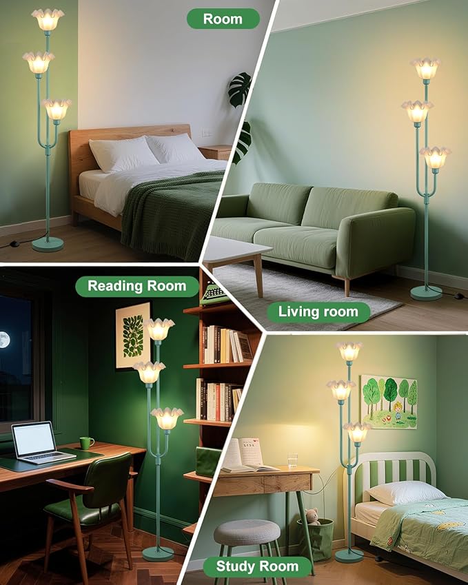 ACOHOOK Flower Floor Lamp for Living Room, Dimmable Vintage Floor Lamp with Shelf & LED Bulbs, 3 Light 3000K Soft Warmwhite Mid Century Gold Standing Lamp, Floral Tall Lamp for Bedroom Office-Green