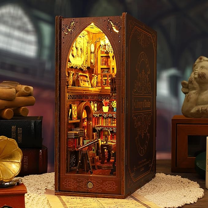 suruim DIY Book Nook Kit Bookend Puzzle Miniature Nook Library Bookshelf Insert Bookends Decoration Books Ornaments Gifts for Adults(Library)