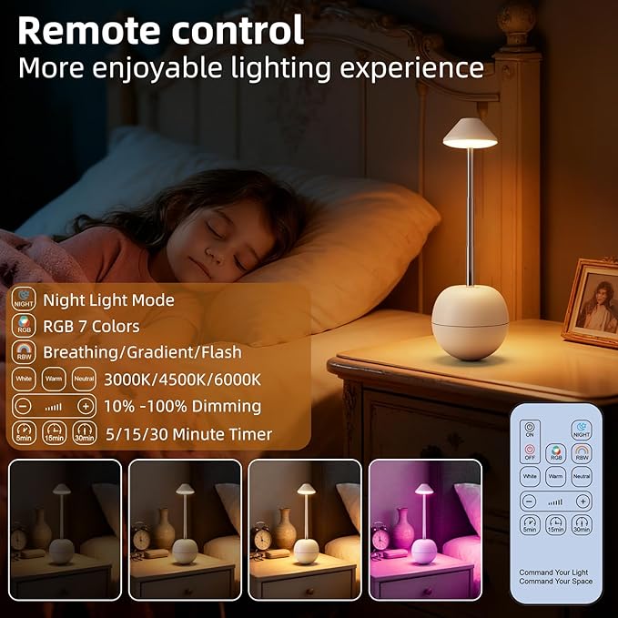 Rechargeable LED Night Light for Bedroom - Bright Bedside Lamp with Remote Control, Desk Lamp & Mood Lighting for Kids Adults (White)