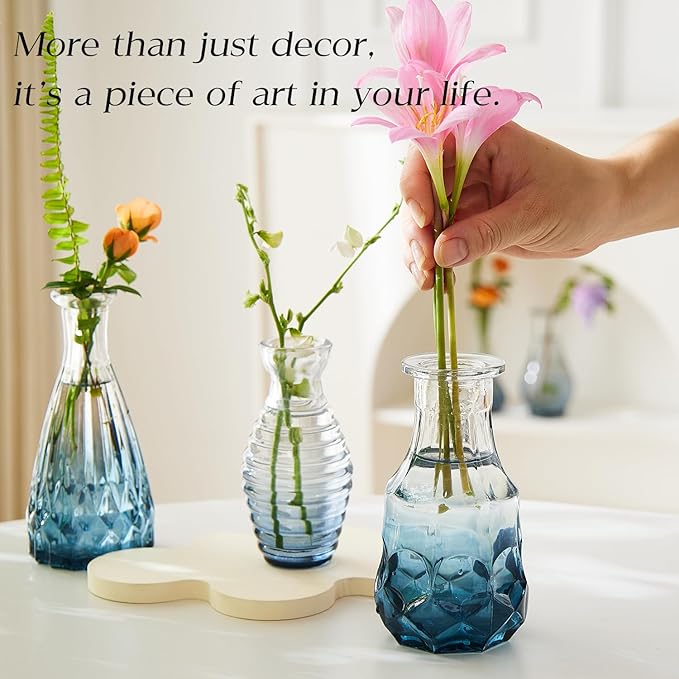 Glass Bud Vase Set of 20 - Small Vases for Flowers in Bulk - Assorted Vintage Crystal Vases for Flowers, Table Centerpieces (Blue, 20 Pcs)