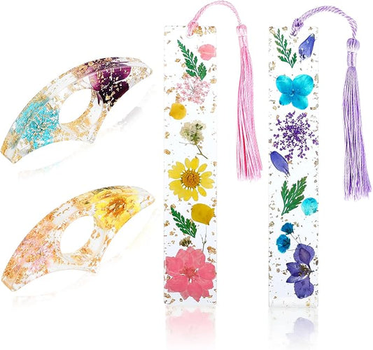 Rohuis Book Page Holder for Reading, 4Pcs Dried Flower Resin Thumb Saver and Transparent Bookmarks with Tassels, Book Accessories for Reading Lovers, Gift for Bookworm, Student, Teacher