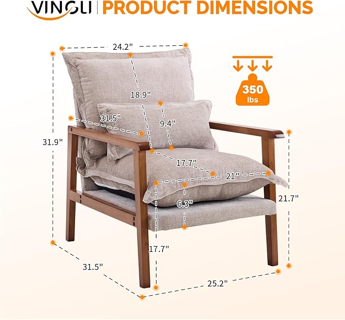 VINGLI Mid-Century Modern Cloud Accent Armchair with Lumbar Pillow, 6.3'' Thick Seat Cushion Comfortable Reading Chair with Wooden Armrests，Boho Lounge Chair for Bedroom, Living Room, Chenille, Khaki