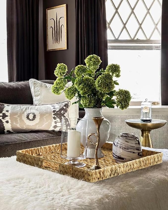 Extra Large Square Ottoman Table Tray 19.7" with Handles - Handmade Wicker Serving Hand Woven Tray for Farmhouse Decorative Oversized Coffee Table Trays Living Room Kitchen Counter Breakfast