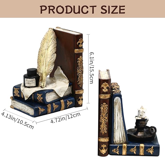 Vintage Book Ends for Shelves,Book Ends for Heavy Books,Deluxe Feather Quill Pen Ink Bottle with Oil Lamp Decorative Bookends,Heavy Duty Bookends for Large Books，Magic Home Decor