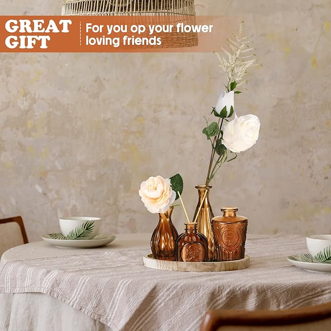 Inbagi 20 Pcs Glass Bud Vase Set - Dark Amber Small Flower Vases Bulk, Vintage Embossed Decorative Bottles for Wedding Valentine Home Table Centerpieces Decor