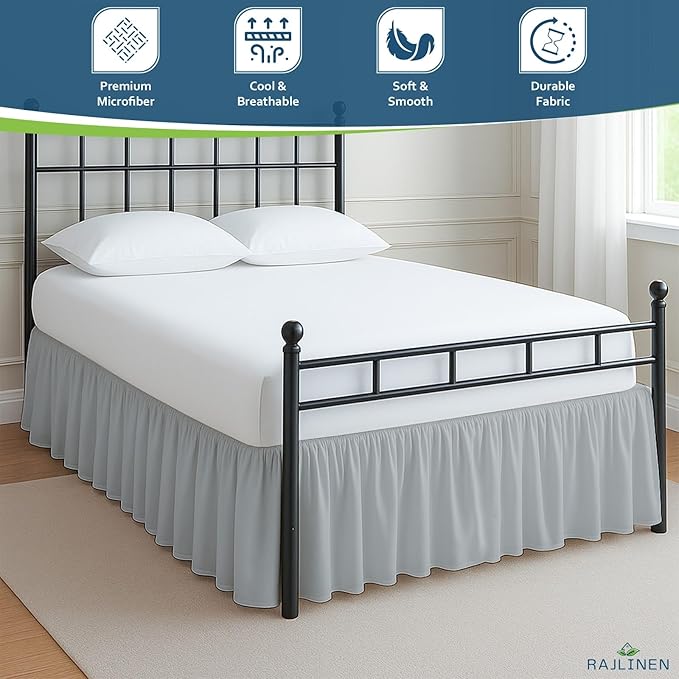 Rajlinen Ruffled Bed Skirt Full XL, 14 Inch Drop Dust Ruffle with Split Corners, 100% Microfiber Bedskirt with Platform, Three-Sided Coverage Ruffled Gathering Design, Light Grey