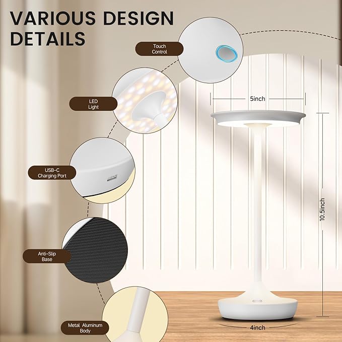 LED Cordless Table Lamp Rechargeable-Portable Battery Operated Lamps, 3 Color Touch Dimming Waterproof Light for Patio/Restaurant/Dining/Outdoor (White2)