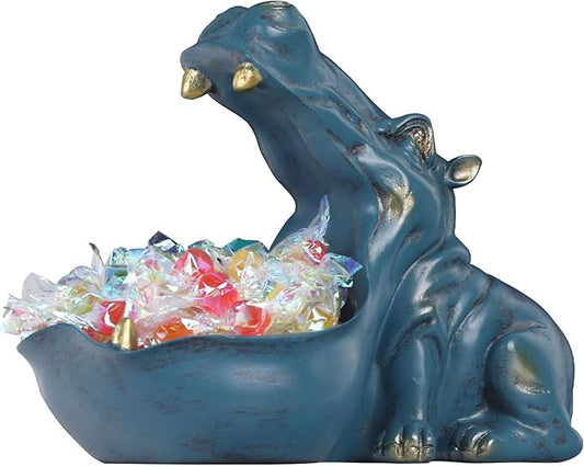 Hippo Figurine Candy Dish & Key Bowl - Unique Resin Hippopotamus Statue for Office Desk & Entry Table Decor - Multifunctional Sundries Container, Jewelry Stand, and Wallet Holder - Cute Hippo Gifts