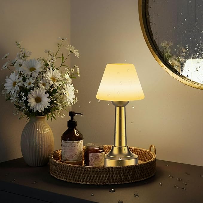 TRRMEZY Cordless Shower Lamp Waterproof, 18-Hour Rechargeable Battery Operated Outdoor Lamp, Dimmable Touch Table Lamp, IP65 Wireless LED Night Light for Bathroom Patio Camping Restaurant Bar Home