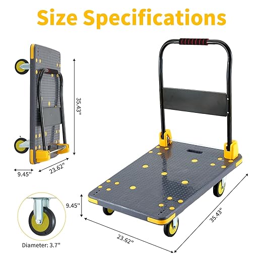 Push Cart Dolly - Foldable Heavy - Duty Flatbed Platform Cart with 360 - Degree Rotating Wheels for Moving in Food Truck and Trailer, Load Capacity 660 lbs, Black Gray