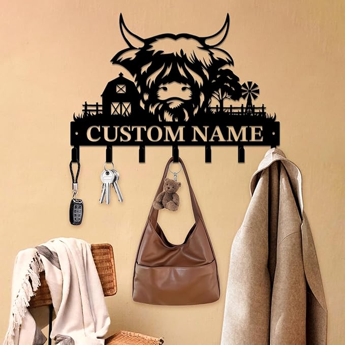 magilab Personalized Custom Highland Cow Wall Hooks,Metal Highland Cow Art Clothes Hooks,Metal Highland Cow Wall Home Storage Decorative,for Front Door, Hallway, Kitchen, Bedroom,Keys,Hats (Style M)