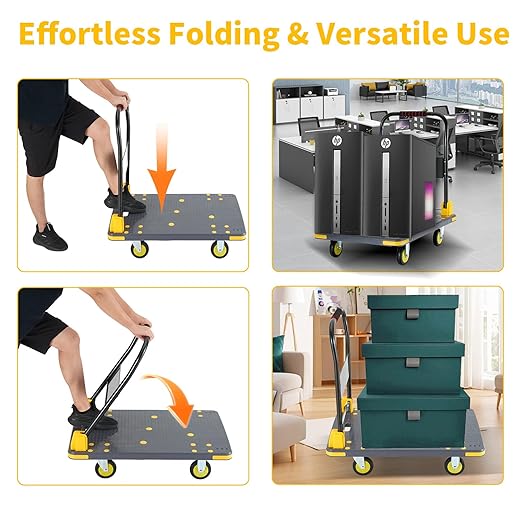Push Cart Dolly - Foldable Heavy - Duty Flatbed Platform Cart with 360 - Degree Rotating Wheels for Moving in Food Truck and Trailer, Load Capacity 660 lbs, Black Gray