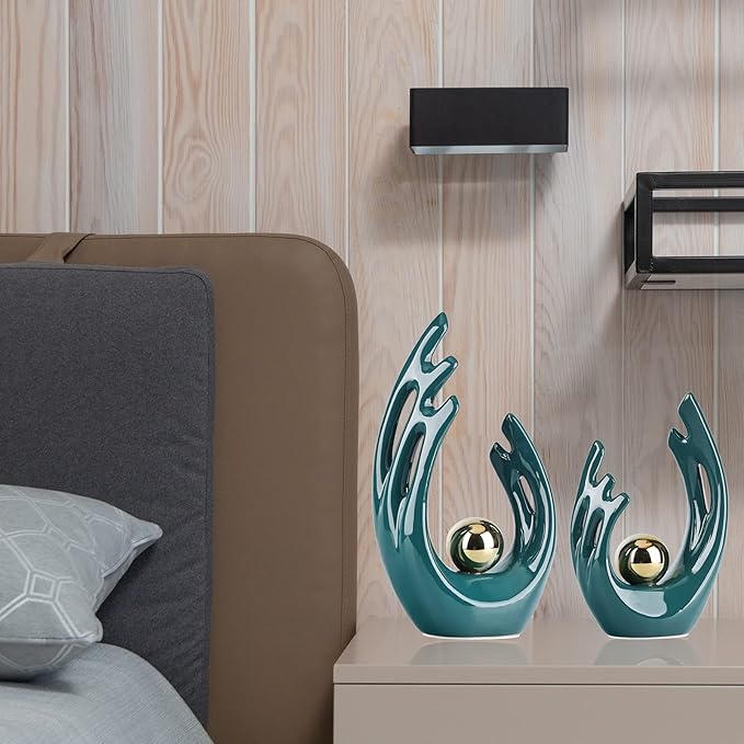 LCCCK 12" H Teal Gold Aesthetic Room Decor Accent, TV Stand Funky Table Centerpiece, Abstract Art Ceramic Statue and Sculpture, Teal Decor for Living Room, Bookshelf Decorative Objects, Shelf Decor