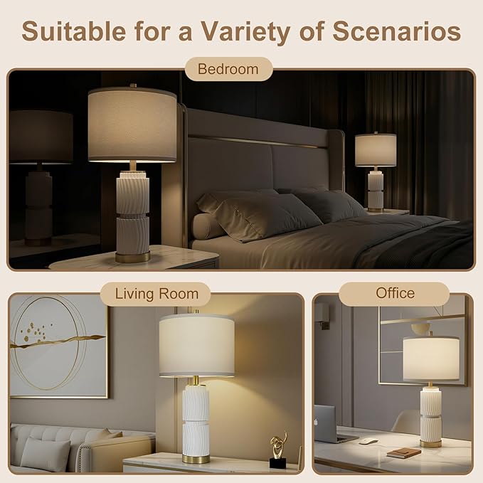 27" Faux Stone Boho Table Lamps Set of 2, Modern Lamps for Living Room with USB A+C Ports, Rustic Nightstand Table Lamps with Linen Shade for Bedroom, Living Room, Office (Bulb Included)