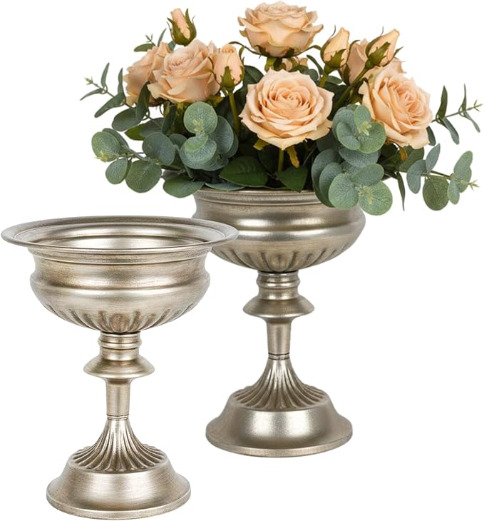 WORTH Small Urn Vases for Centerpieces Set of 2, Classic Metal Trumpet Flower Pots for Table, Bowl Vase for Wedding Party Event Home Deco (Silver, 7.8" Dia x 8.8" H)