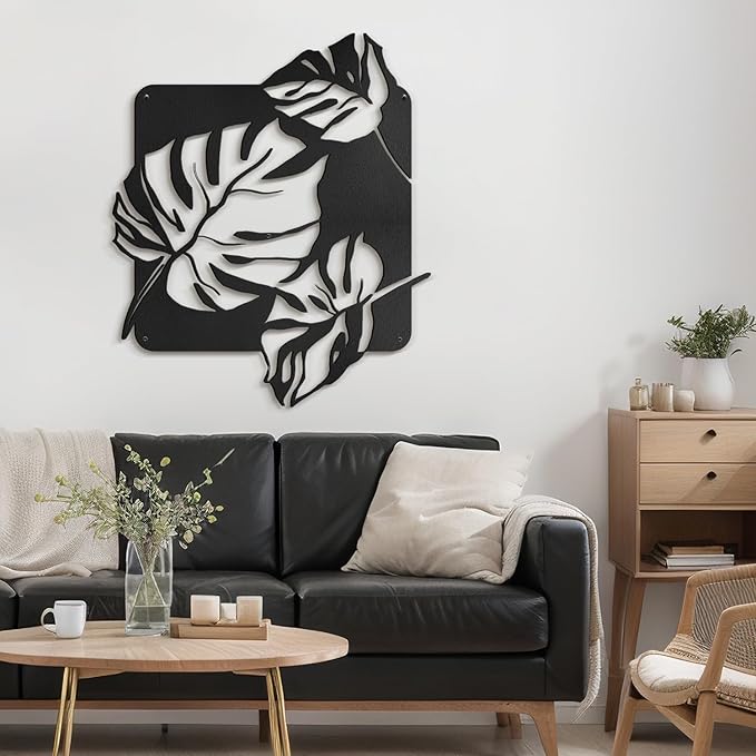 SIGNLEADER Metal Wall Art Decor Tropical Monstera Leaf Minimalist Modern Abstract Wall Sculpture Hangings Home Decoration for Living Room, Bedroom, Bathroom, Kitchen, Outdoor - 18" Black