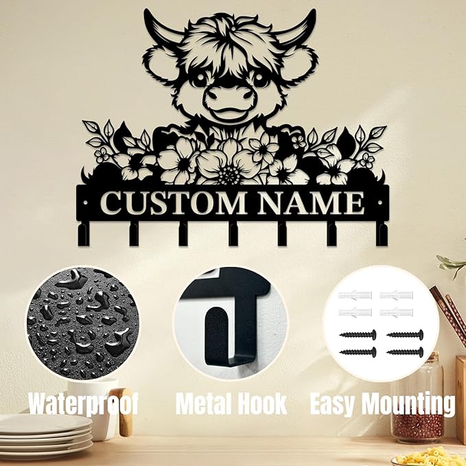 magilab Personalized Custom Highland Cow Wall Hooks,Metal Highland Cow Art Clothes Hooks,Metal Highland Cow Wall Home Storage Decorative,for Front Door, Hallway, Kitchen, Bedroom,Keys,Hats (Style H)