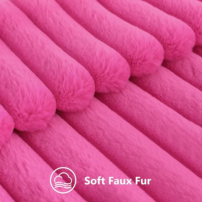 decorUhome Faux Fur Spring Throw Pillow Covers 16x16 Set of 2 Decorative Soft Plush Striped Neutral Couch Pillow Covers with Velvet Back for Sofa Bed Living Room Home Valentines, Hot Pink
