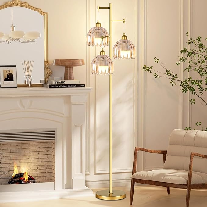 WLQCWL Modern Floor Lamp for Living Room Bedroom-3 Light Gold Floor Lamp with Glass Lampshape, Flower Tall Lamp Glass Standing Lamp Tree Floor Lamps for Living Room Bedroom,Corner
