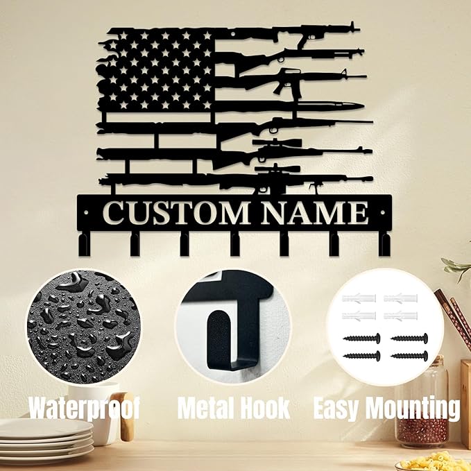 Personalized Custom Name Gun Wall Hooks,Metal Gun Room Art Clothes Hooks,Metal Gun Wall Home Storage Decorative,For Front Door, Hallway, Kitchen, Bedroom,Keys,Hats (Style F)