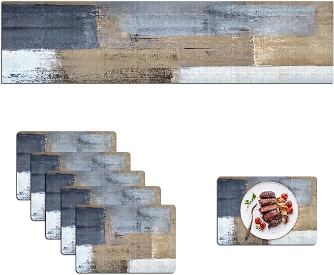 Mcalk Brown Table Runner and Placemats Set of 6, Abstract Dark Grey Placemats, Modern Cloth Place Mats Indoor for Kitchen,Washable Linen Material for Dining Table