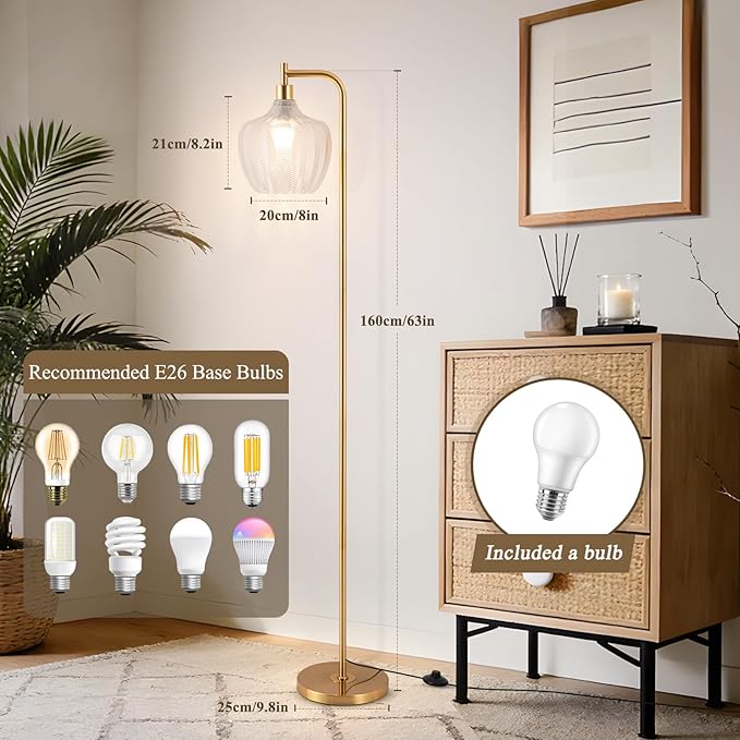 JERANDO Gold Floor Lamp for Living Room, Modern Standing Lamp with Remote, Dimmable Clear Glass Tall Lamp, Mid Century Vintage Floor Lamps for Bedroom, Study Room (Clear)