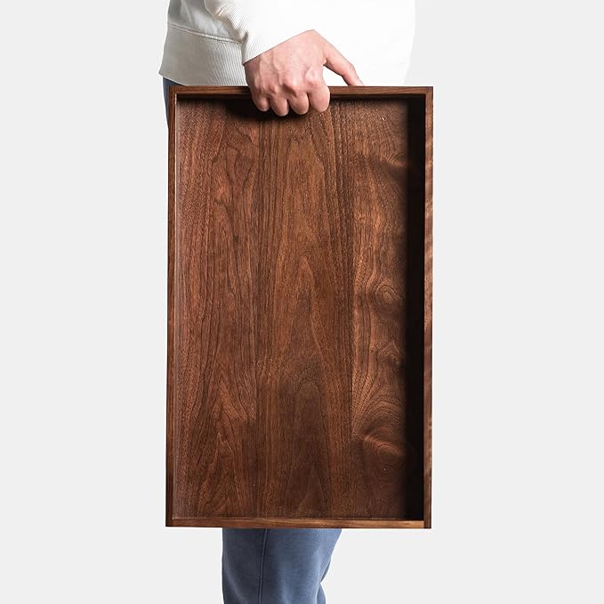 20"x12" Wooden Ottoman Tray with Handle FSC Natural Handmade Rectangle Black Walnut Serving Tray Vintage Decorative Platters for Oversized Ottoman Kitchen