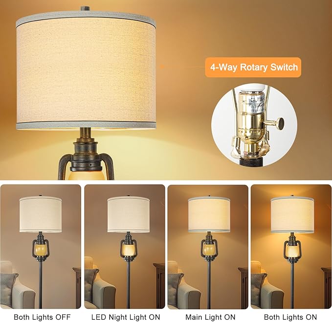 LuxSight Collection Floor Lamp for Living Room Vintage Standing Lamp with Linen Fabric Hardback Shade Industrial Tall Lamp with Night Light Decor for Living Room, Bedroom,Study, Home Office