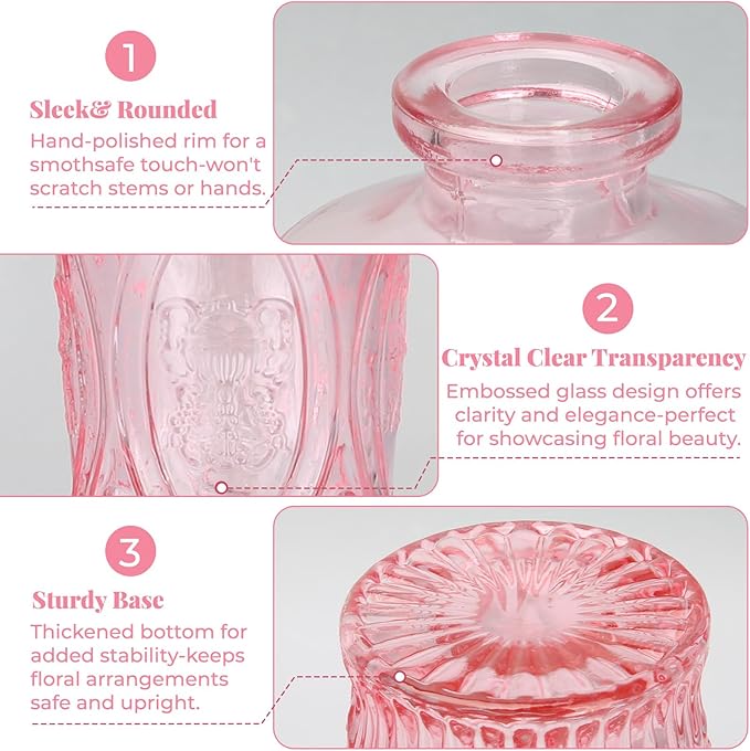 BEAHOT 24 Pack Pink Flower Vase in Bulk,Mini Vintage Glass Bud Vases for Centerpieces,Wedding Decor,Party & Home Decaration,Mother's Day (Pink)