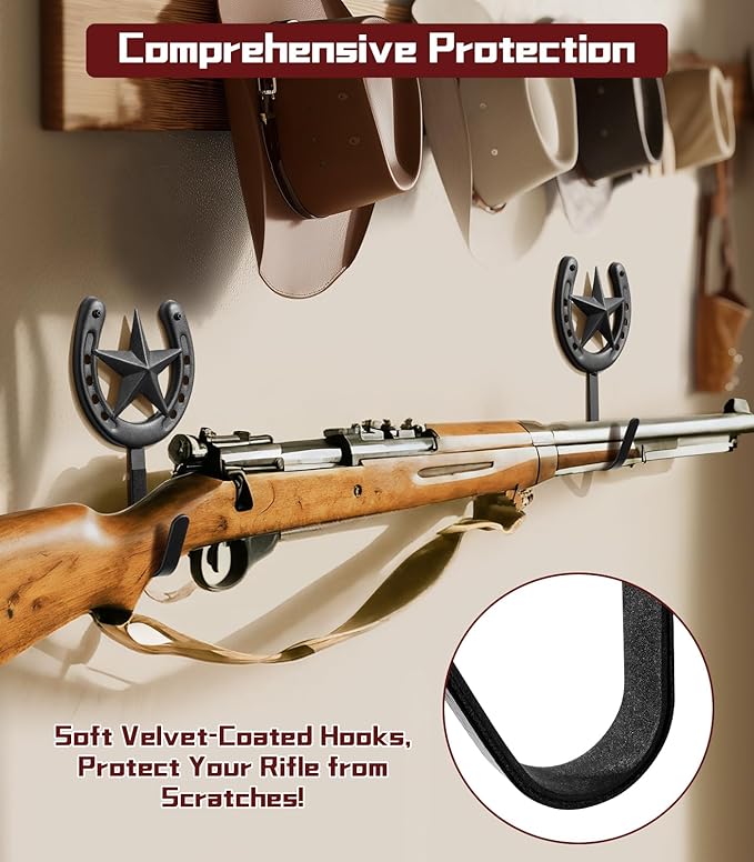 Adowes Gun Rack for Wall Western Shotgun Rifle Rack Wall Mount Metal Wall Gun Hanger Holder Display for Sword Bow Firearm Texas Star and Horseshoe