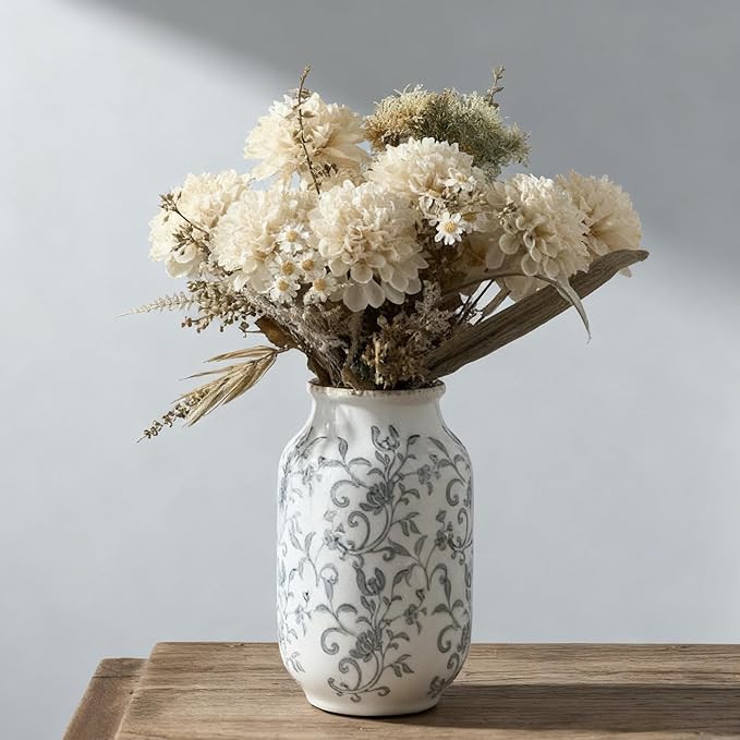 SIDUCAL Ceramic Vintage Vase, 8.78 Inch Chinoiserie Floral Vase, Retro Ice Cracked Rustic Farmhouse Vases for Home Decor, Living Room, Bookshelf, Office, Tuscan Decor, Gray Floral Pattern