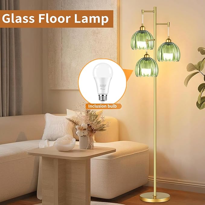 ZECOXOL Gold Floor Lamps for Living Room Bedroom-3 Light Green Glass Floor Lamp with Three Led Bulb, Rustic Tall Floor Lamp Gold Standing Lamp Tree Floor Lamps for Living Room Bedroom,Office,Corner