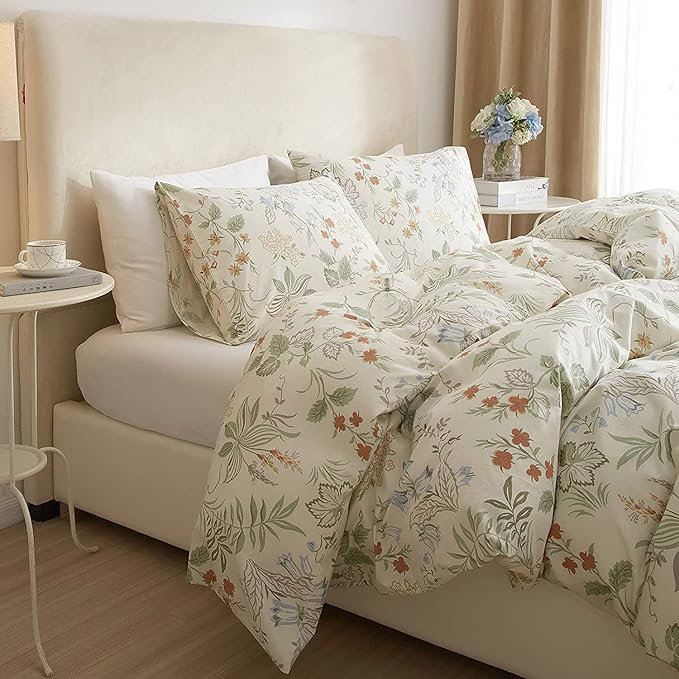Vintage Style Floral Duvet Cover Queen Soft 100% Cotton Botanical Flower Bedding Set Aesthetic Floral Comforter Cover for Girls Women Chic Vintage Flower Cottagecore Duvet Cover with Zipper Closure