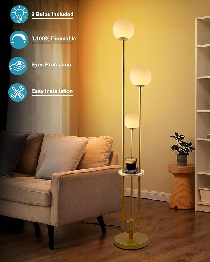 ACOHOOK 63IN Dimmable Floor Lamp with Shelf, Unique Globe Gold Tall Standing Lamps Candle Holder Style, 3000K Warmwhite Mid Century Modern Floor Lamp for Living Room Home Office(Bulbs Included)