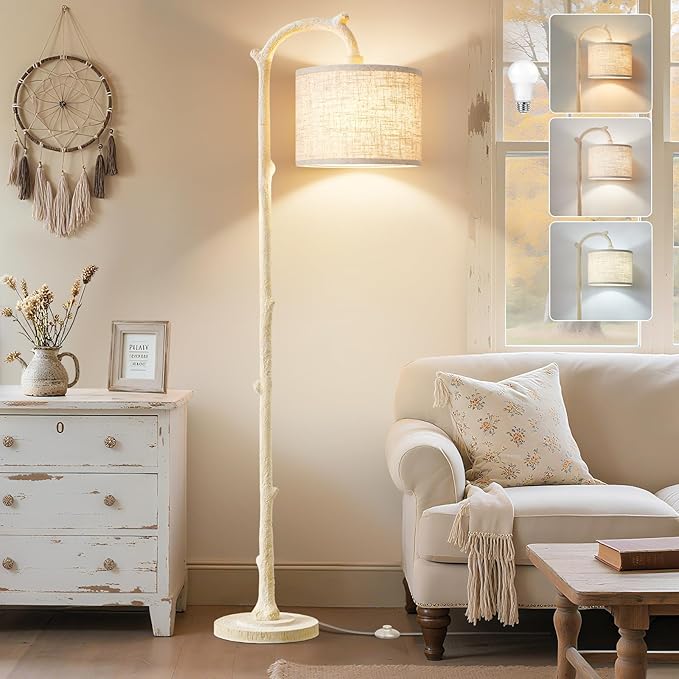EJIAXIN Floor Lamp for Living Room - 69" Rustic Farmhouse Tall Lamp with Adjustable Color Temperatures- Country Resin Vintage Reading Light Standing Lamps for Bedroom Office Home Decor, Almond White