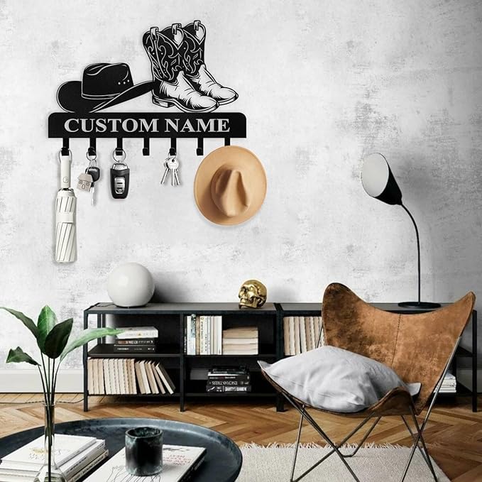 Personalized Cowboy Coat Hooks, Cowboy Boots and Hat Key Holder for Wall, Clothes Cowboy Hat Rack and Backpack Hanger, Western Wall Decor, Metal Key Rack Organizer for Storage Hallway Office Color04