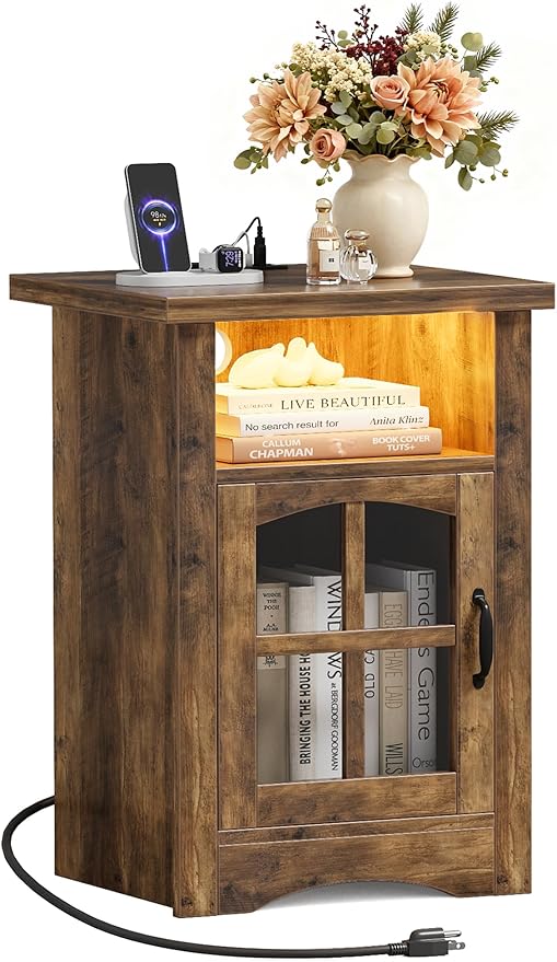 JUMMICO End Table with Charging Station and LED Open Shelf & Glass Door Cabinet, Farmhouse Nightstand with 20W Fast Charge, Side Table for Living Room (1,Brown)
