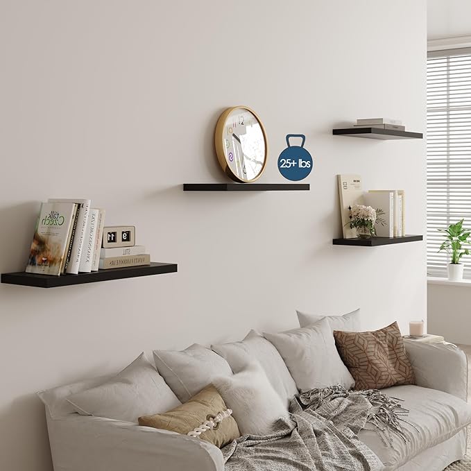 Wall Shelf Set of 1, Black Floating Shelves 24 in W x 10 in D x 1 in H, Wooden Floating Wall Shelf with Invisible Brackets for Living Room/Bedroom/Bathroom/Kitchen Storage and Decor