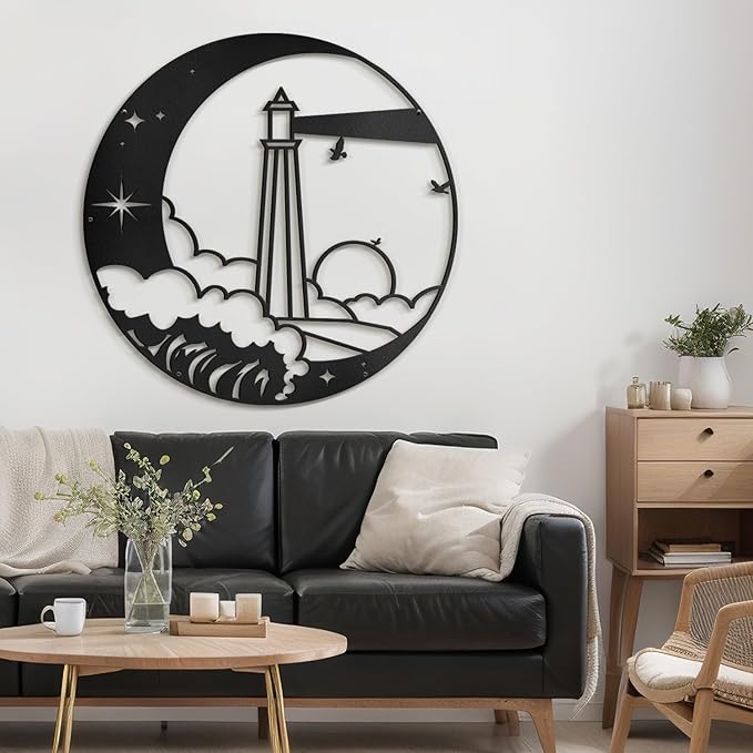 SIGNLEADER Metal Wall Art Decor Lighthouse on the Waves Minimalist Modern Abstract Wall Sculpture Hangings Home Decoration for Living Room, Bedroom, Bathroom, Kitchen, Outdoor - 18" Black