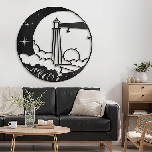 SIGNLEADER Metal Wall Art Decor Lighthouse on the Waves Minimalist Modern Abstract Wall Sculpture Hangings Home Decoration for Living Room, Bedroom, Bathroom, Kitchen, Outdoor - 18" Black