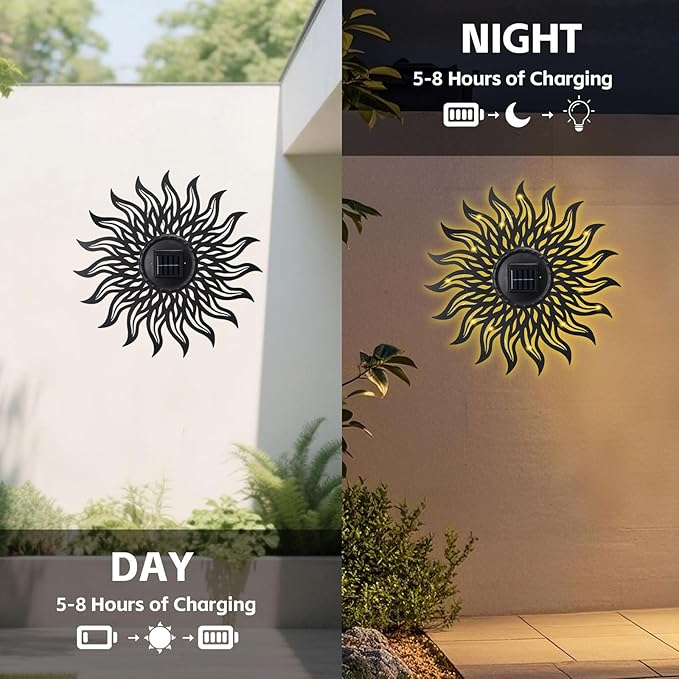 VCUTEKA 20" Sun Metal Wall Art Outdoor Decor Solar Decoration Metal Wall Sculpture Hanging Garden for Indoor Outdoor Patio Fence Decoration Black