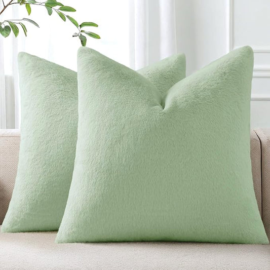 Pallene Faux Fur Plush Spring Throw Pillow Covers 18x18 Set of 2, Soft Fluffy Couch Pillow Covers for Living Room, Sage Green